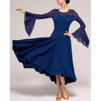 Women navy blue ballroom dance dresses for girls flowy flare sleeves waltz tango foxtrot smooth dance long gown for female